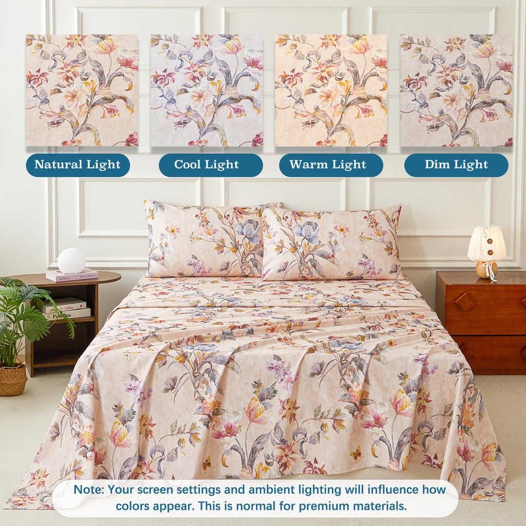 Beige Floral Bed Sheets Set King 100% Brushed Cotton Flannel-Like Sheets Luxury Vintage Tulip Flower Printed