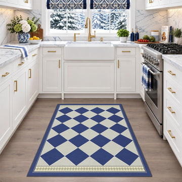 Diamond Checkered Easy Jute 3x4 Navy Blue Kitchen Entryway Indoor Outdoor Rug, Washable Non Slip Boho Coastal Area