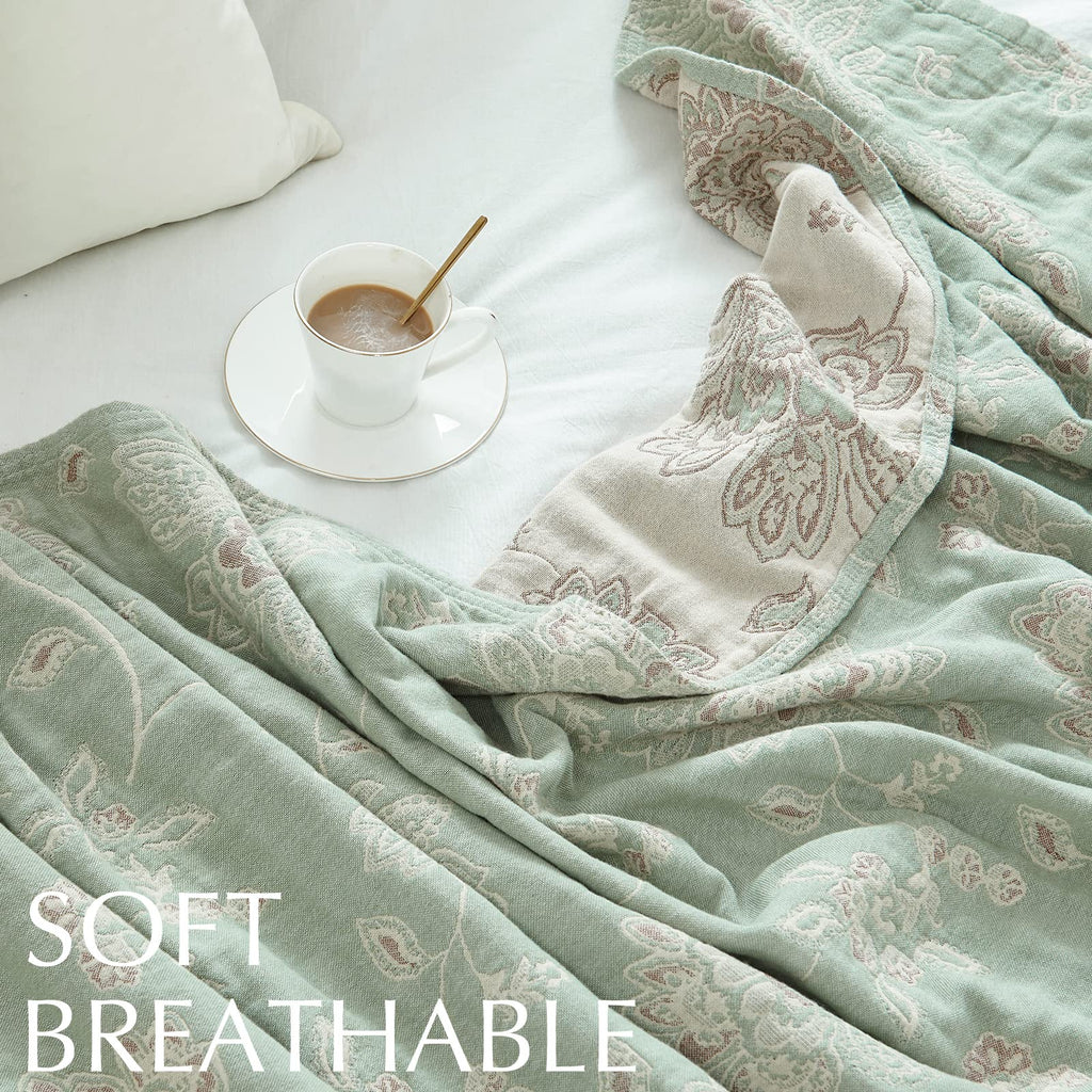 100% Cotton Muslin Blanket Twin Boho Blanket 50x60 Green/Beige