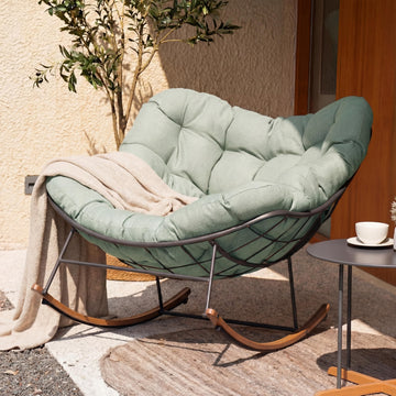 Outdoor Papasan Rocking Chair with Thick Cushion, Sage Green