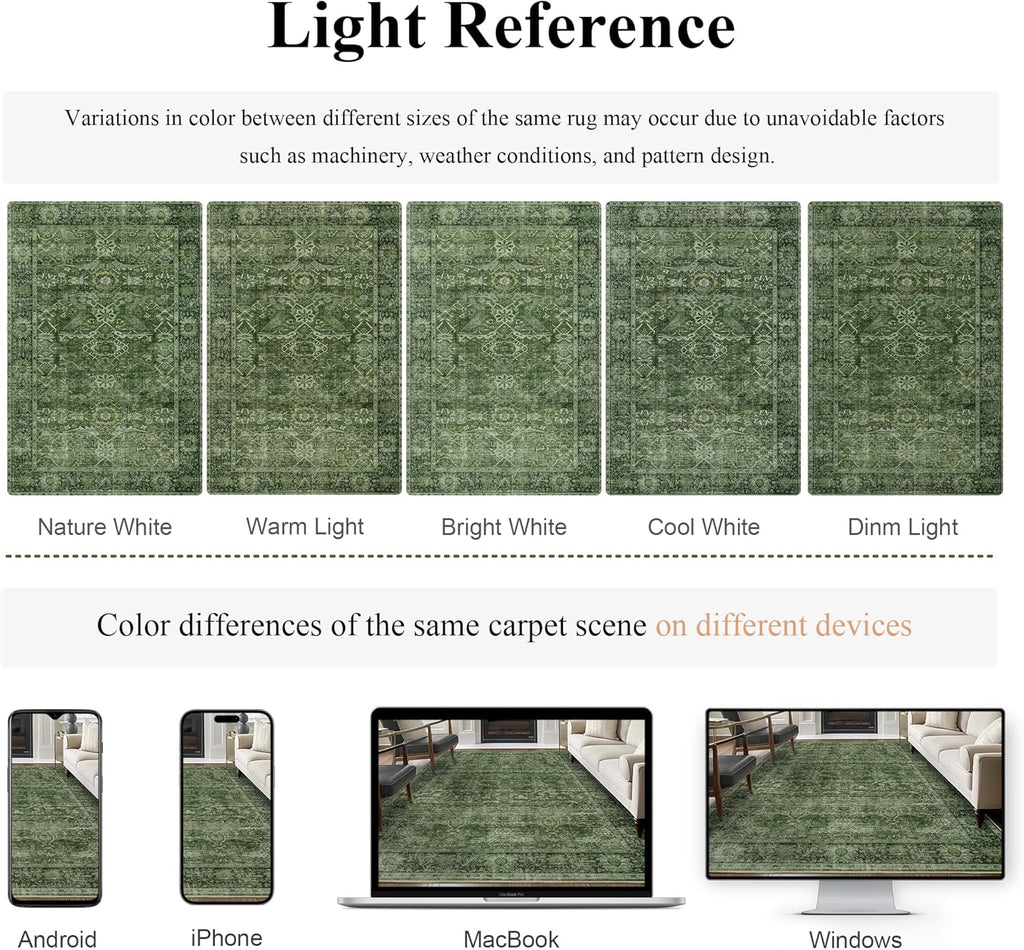 8x10 Washable Green Area Rug Vintage Rug Bedroom