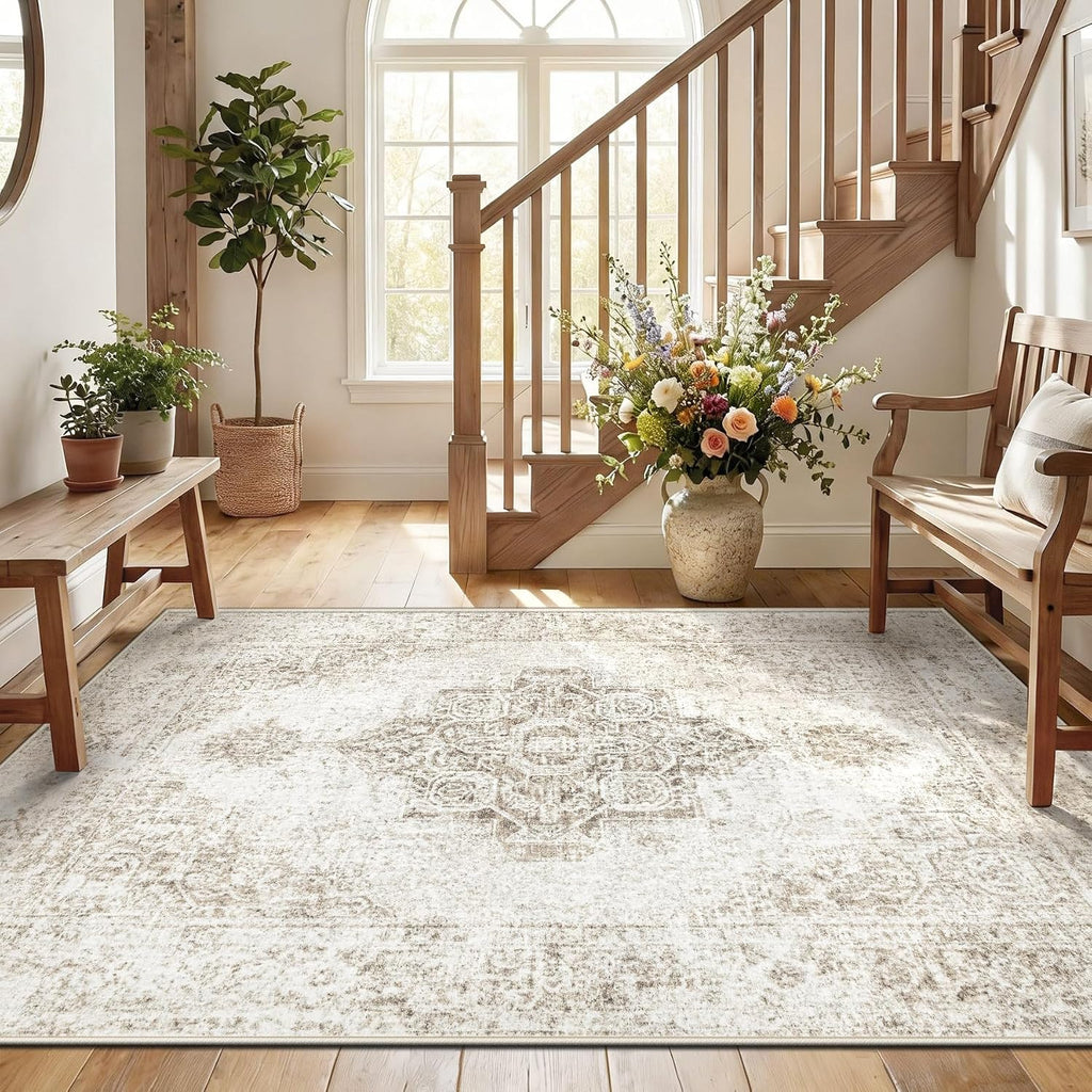 5x7 Area Rugs, Washable Vintage Boho Neutral Medallion Rug Non Slip Low Pile Floor Carpet Nursery Dining Room