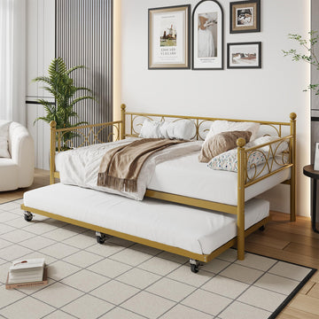 Twin Daybed with Trundle, Metal Trundle Bed, Gold