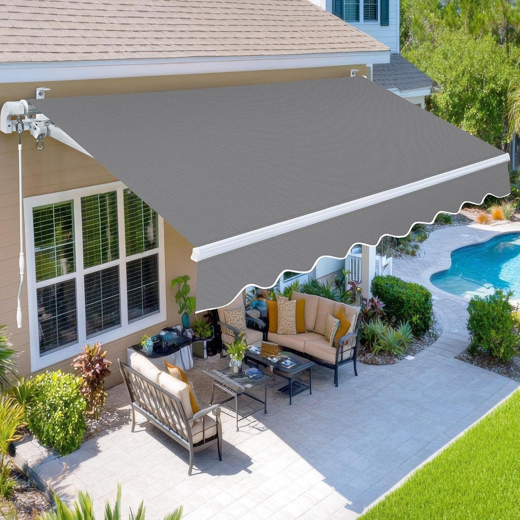13.1'x9.8' Patio Awning Retractable Fully Assembled, Grey | Manual Sunshade Shelter Outdoor Deck Canopy Balcony