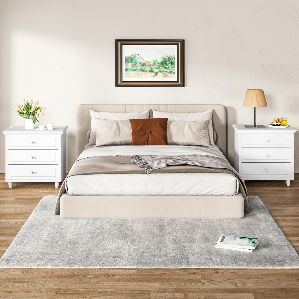 White Nightstand, 3 Drawer Night Stand, 22 Inch Wider Side Table with Storage, Rattan Boho Bedside Table, End Table