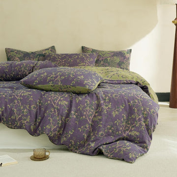 Muslin Duvet Cover Set, 100% Washed Cotton 3 Pieces Yarn-Dyed Vintage Floral Jacquard Textured Bedding, Soft &