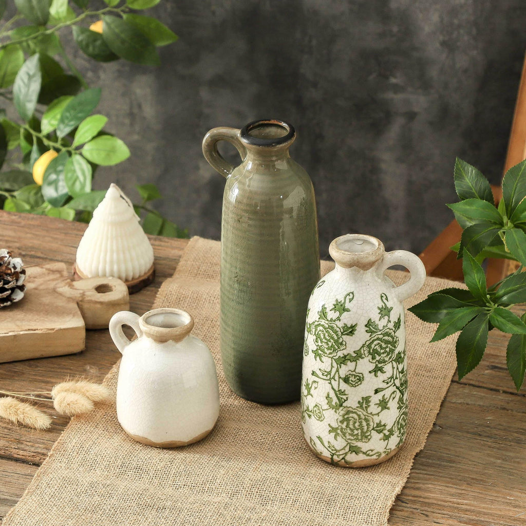 Vintage Vase Set of 3 with Handle, Ceramic Vintage Rustic Vases Home Decor Farmhouse Decorative Vase Pottery Decor
