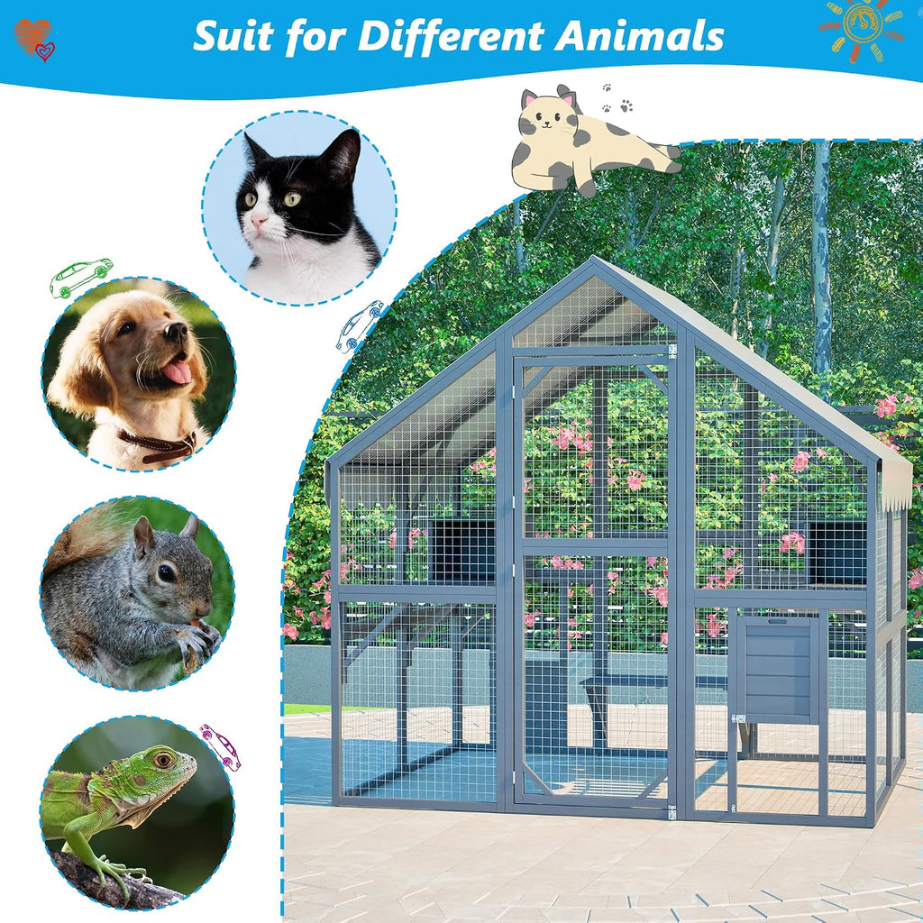 74" Large Wooden Outdoor Cat Catio Enclosure, 6×4ft Walk in Cats House Outside, Cat Shelter Kitty Cage with Sleeping