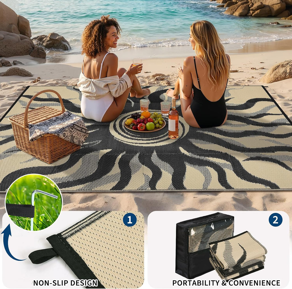 Outdoor Rug Waterproof Patio Rugs with Boho Sun Pattern, Reversible Plastic Straw Camping Rugs Outdoor Indoor RV