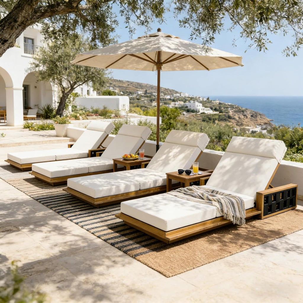 Acacia Wood Patio Chaise Lounge Set of 4, Outdoor Reclining Chairs with 4-Position Adjustable Backrest, 4-Piece