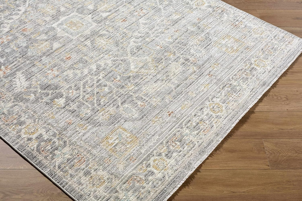 Flavia Machine Washable Area Rug - Medallion Floral Border Distressed Geometric - Traditional Oriental Transitional