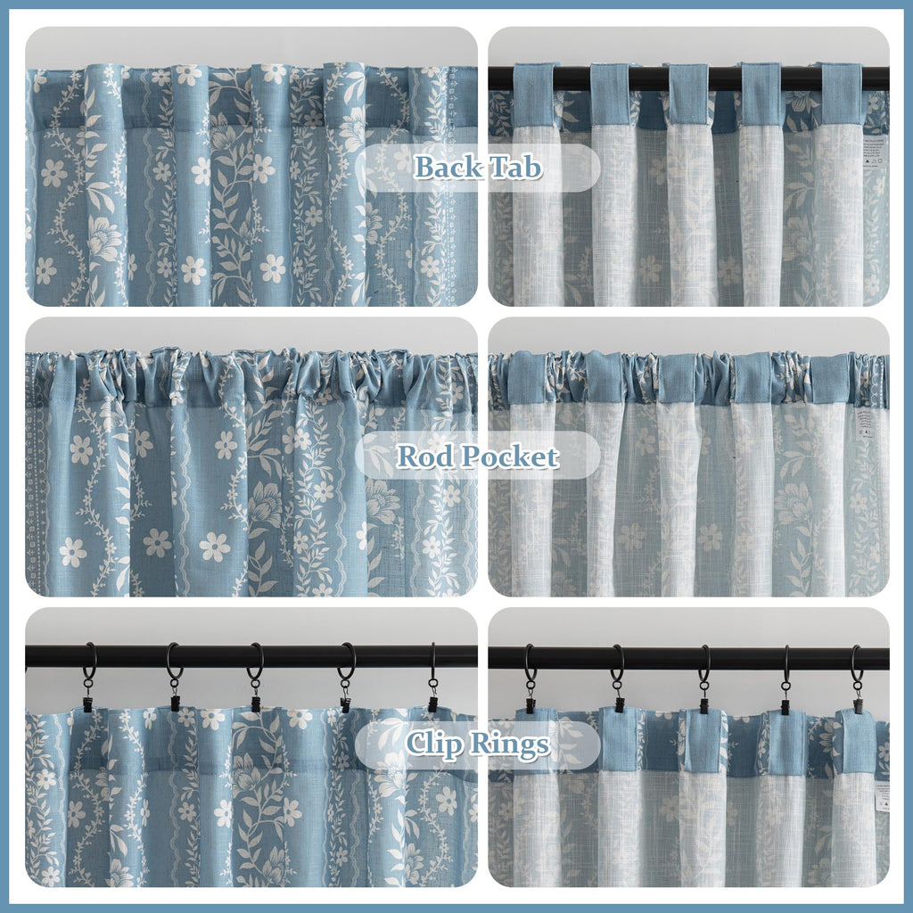 Dusty Blue Boho Floral Curtains 72 Inch Length Linen Blend