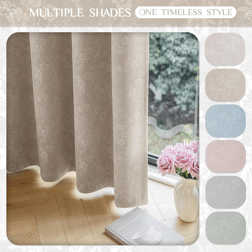 Beige Floral Jacquard Blackout Curtains 84 Inches Long 2 Panels for Living Room Bedroom Chenille Flower Room