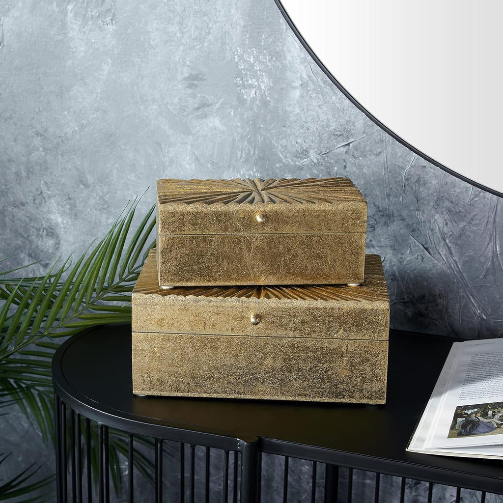 Wood Geometric Decorative Box Decorative Keepsake Boxes with Hinged Lid Storage Boxes 10", 8"W, Gold - Set of 2