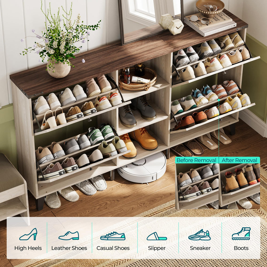 63" Farmhouse Shoe Storage Cabinet Washed White