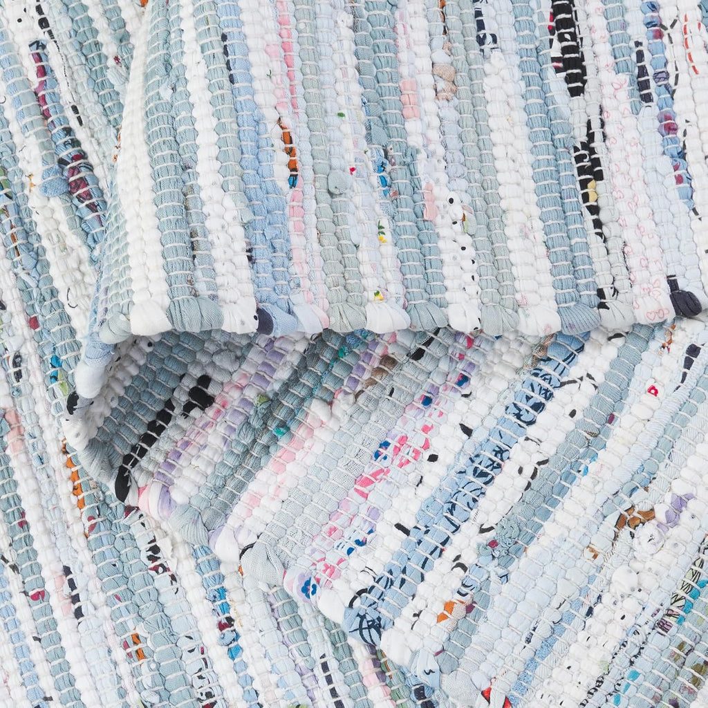 Rag Rug Collection Area Rug - 5' x 7', Light Blue & Multi, Handmade Boho Stripe Cotton, Ideal for High Traffic Areas