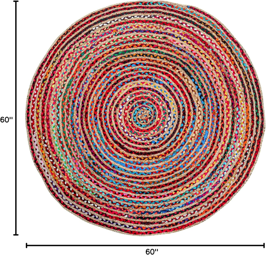 5' Round Handwoven Jute Chindi Area Rug - Colorful Round Boho Rugs | Rugs - Hand Braided Multicolor Bohemian Rug for