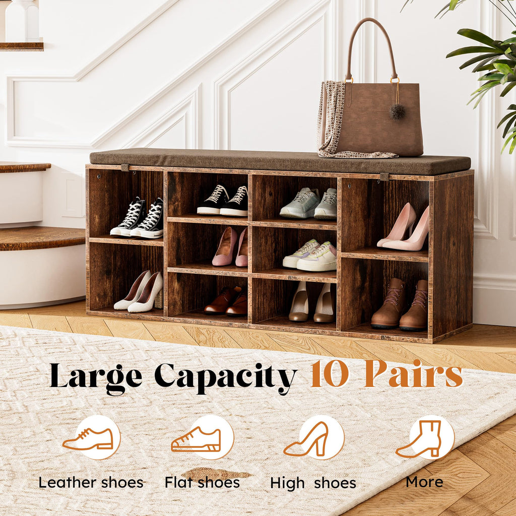 Shoe Storage Bench with Cushion, 41'' Long Entryway Bench with 10 Compartments Shoe Rack, Multifunctional Cubby