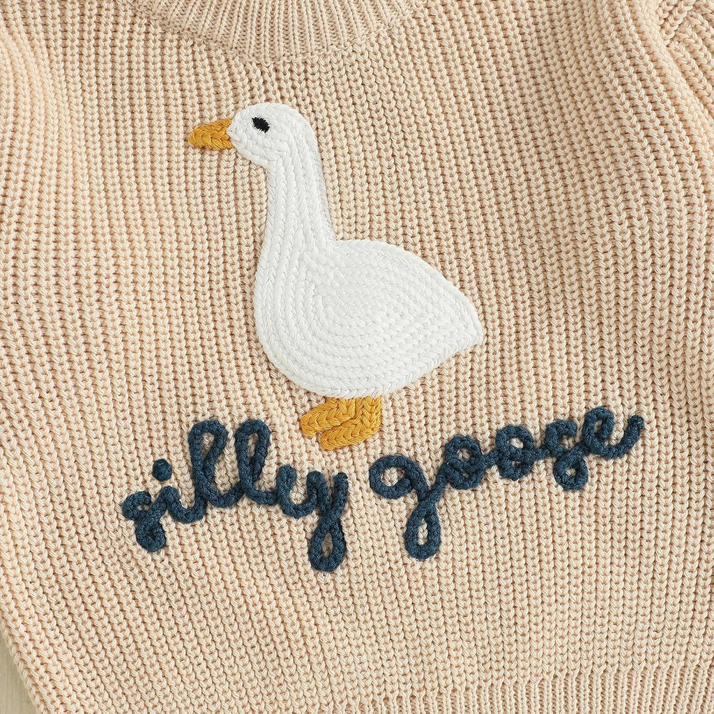 Toddler Baby Boy Girl Knit Sweater Silly Goose Embroidery Long Sleeve Knitted Sweatshirt Warm Fall Winter Clothes