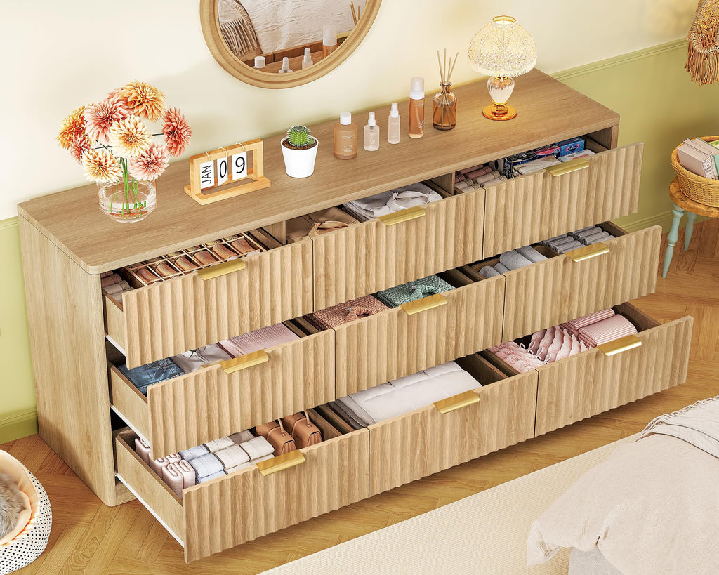63" Dresser with 9 Drawers, Modern Dressers & Chest of Drawers with Metal Handles, Fluted Dresser, Wood Closet