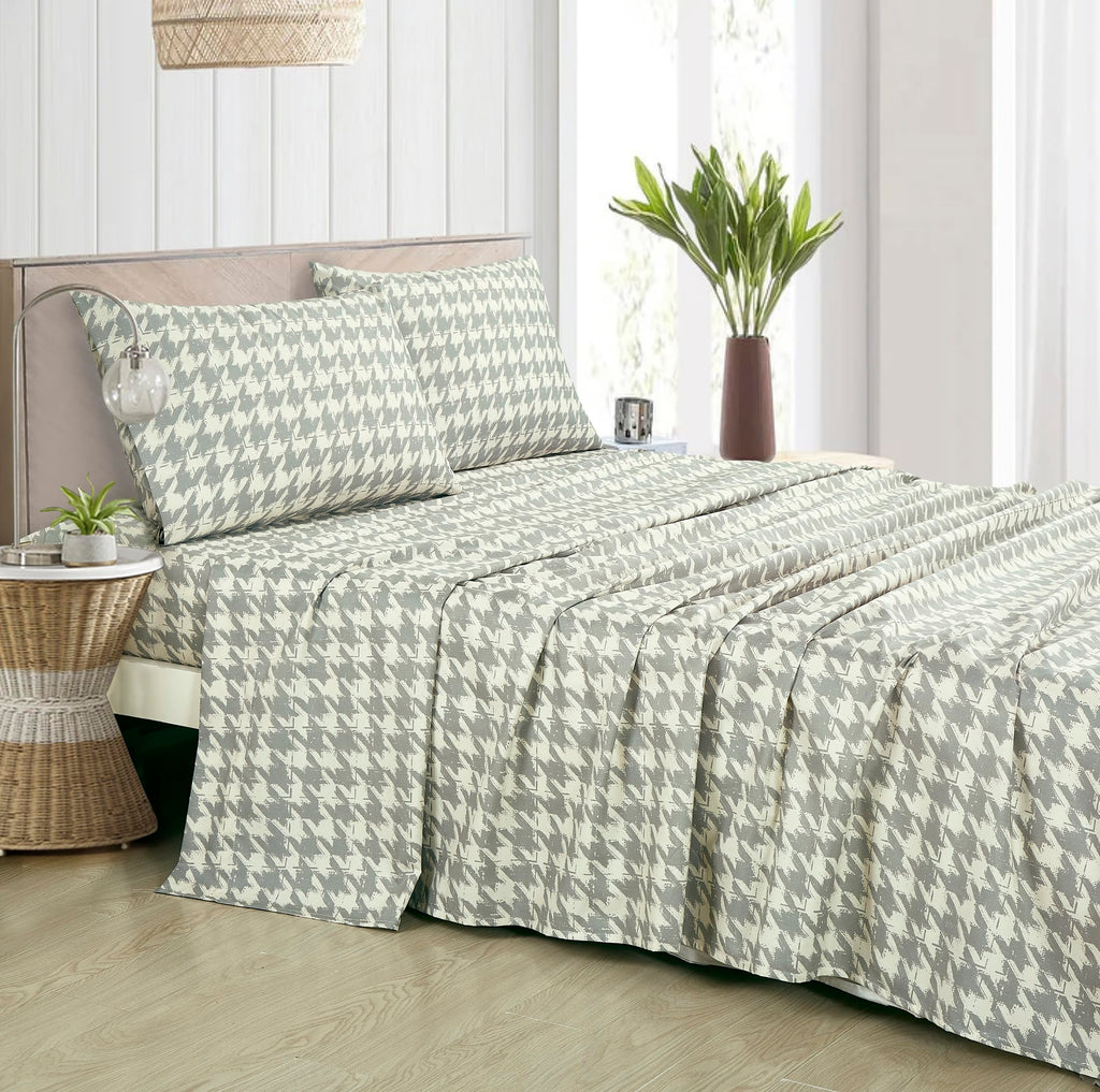 5-Piece Lodge Plaid Sheet Set Split King - Gray Houndstooth Printed Brushed Microfiber Lightweight Breathable Deep
