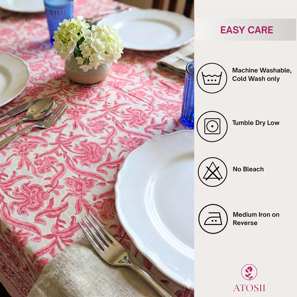 Cotton Blockprint Rectangle Table Cloth, Red Bloom, 90" X 60"