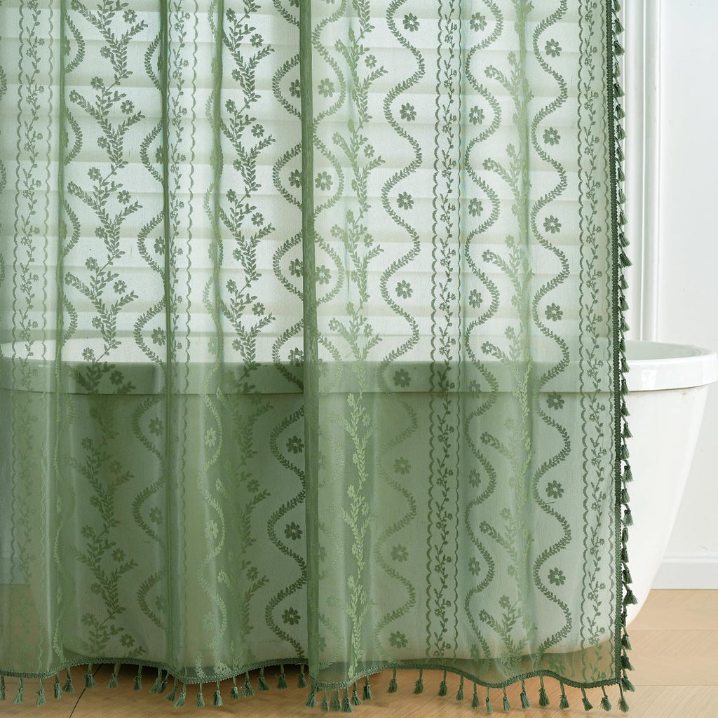 Dark Sage Green Lace Shower Curtain, Boho Chic Style, 72 x 72 in
