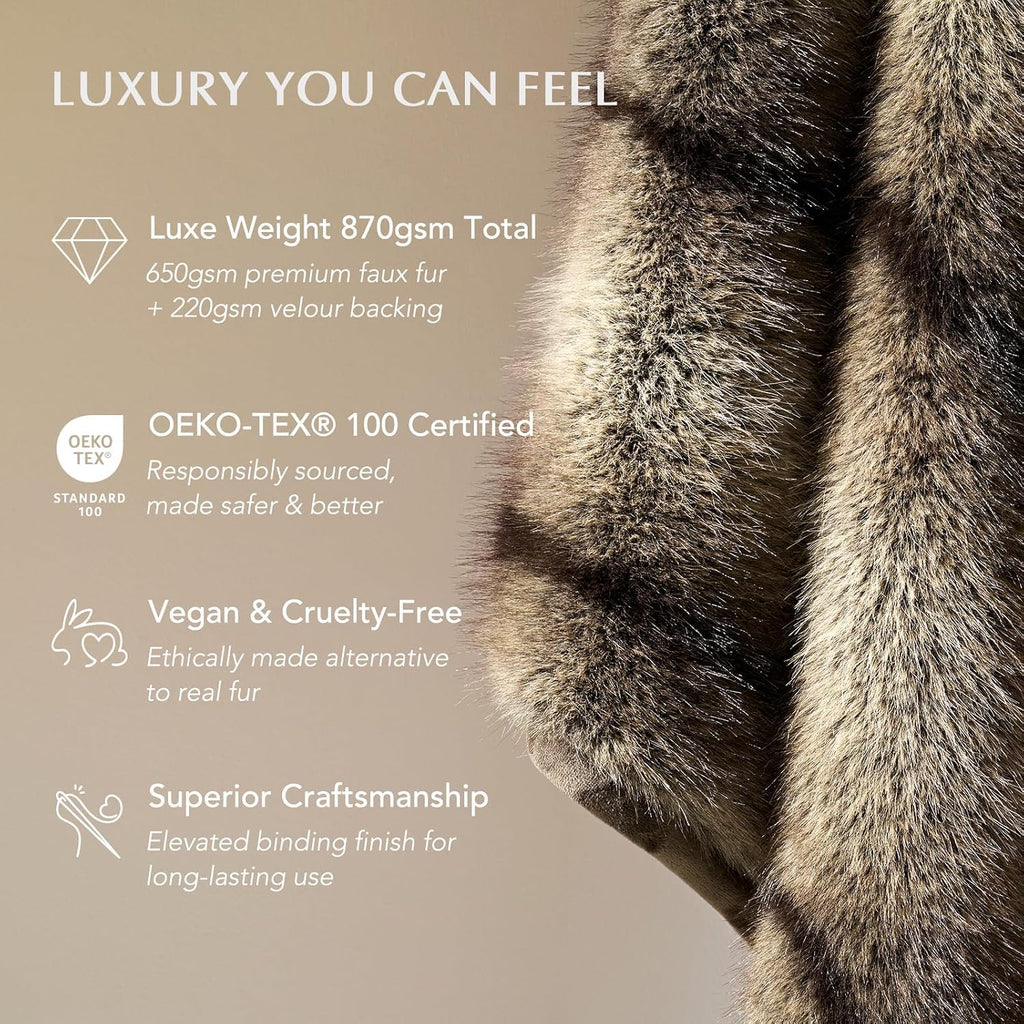 Luxury Faux Fur Throw Blanket, 60"x80", Ombré Sable Brown | Fluffy Faux Mink Blanket, Soft Cozy Plush, Thick Warm