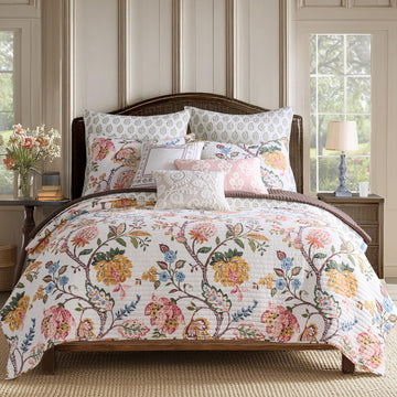 Maileen Dusty Rose Quilt Set - Quilt and One Standard Sham - Floral - Dusty Rose Ochre Blue Green Brown
