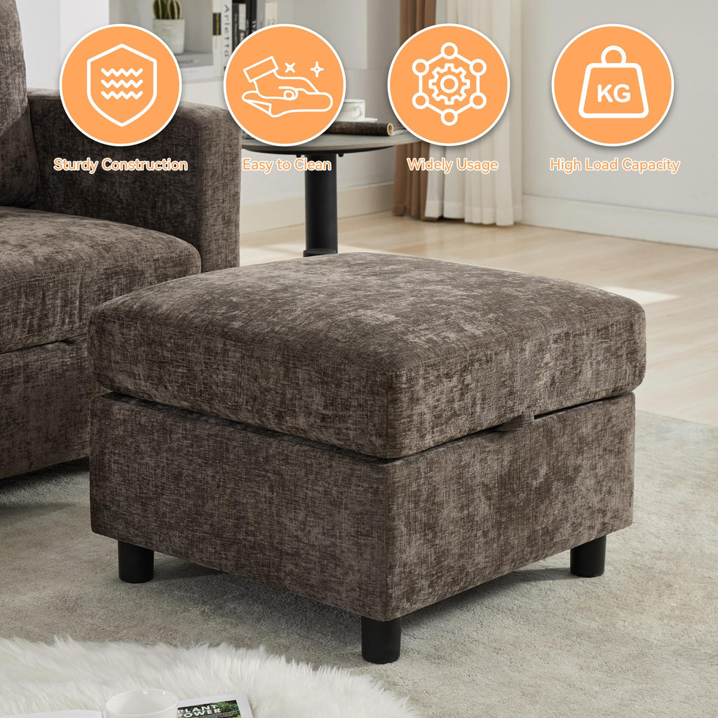 Modular Sectional Couch with Storage, 25'' Storage Sofa Ottoman, Brown