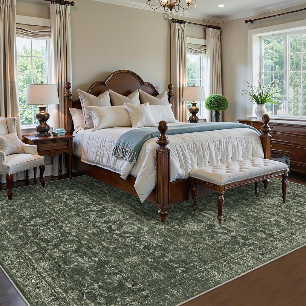 Washable Area Rug 8x10 Green Rugs for Living Room, Vintage Boho Large Rug for Bedroom Dining Room Office, Distressed