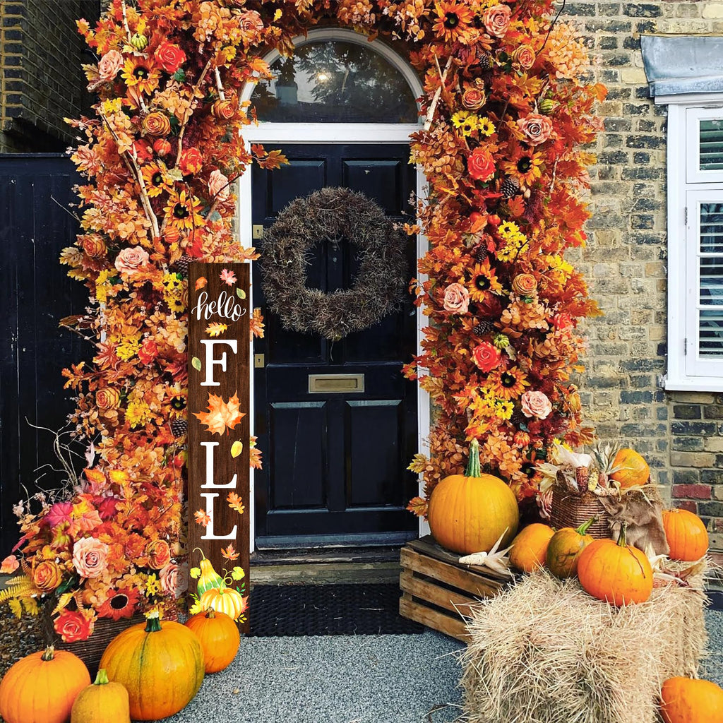 Hello Fall Welcome Sign for Front Porch Standing, Wooden Porch Sign with Leaves for Front Door Decorations, Rustic