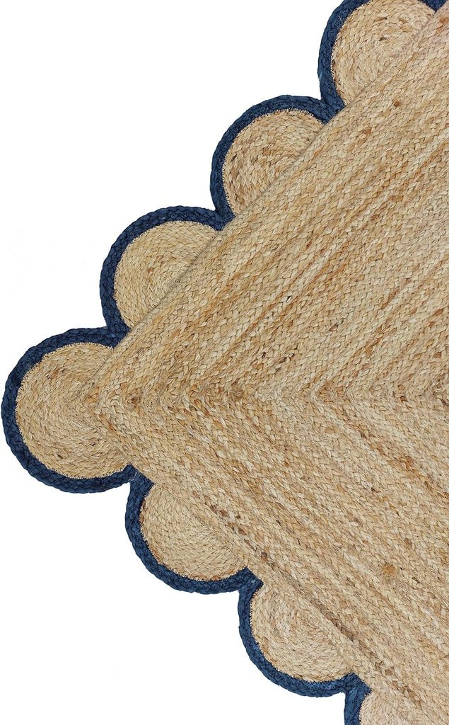 Scalloped Natural Jute Area Rug, Navy Trim, 2x3