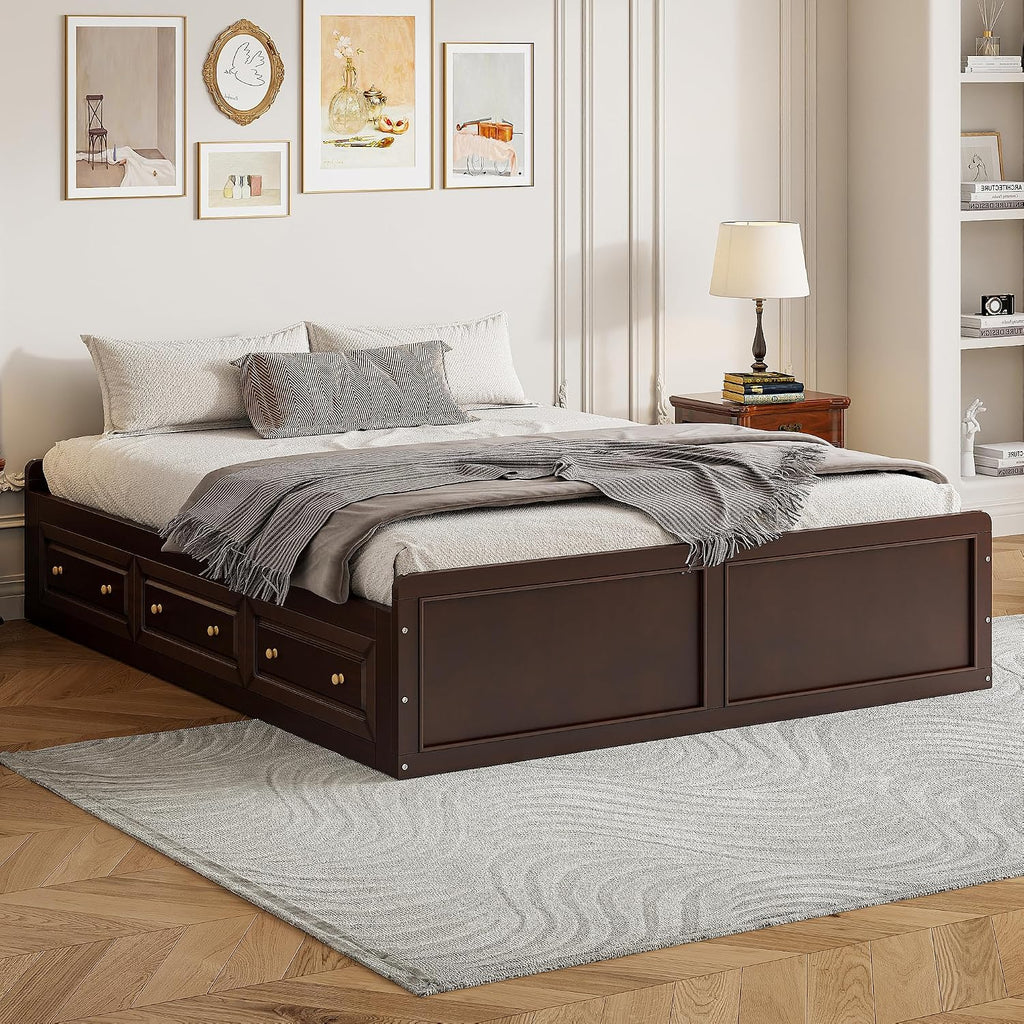 Wood Platform Bed Frame, with 6 Drawers, Floor Wooden Bed Frame Without Headboard, Storage Bed Frame Wood