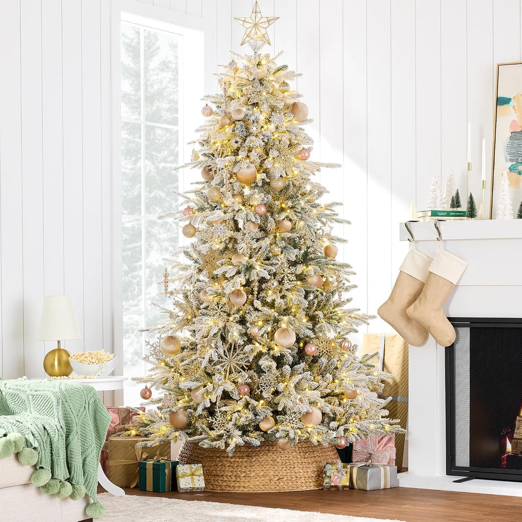 Full Flocked Aspen Christmas Tree, Pre-lit Realistic Noble Fir w/ 700 Glowing LED Lights, 2-in-1 White &