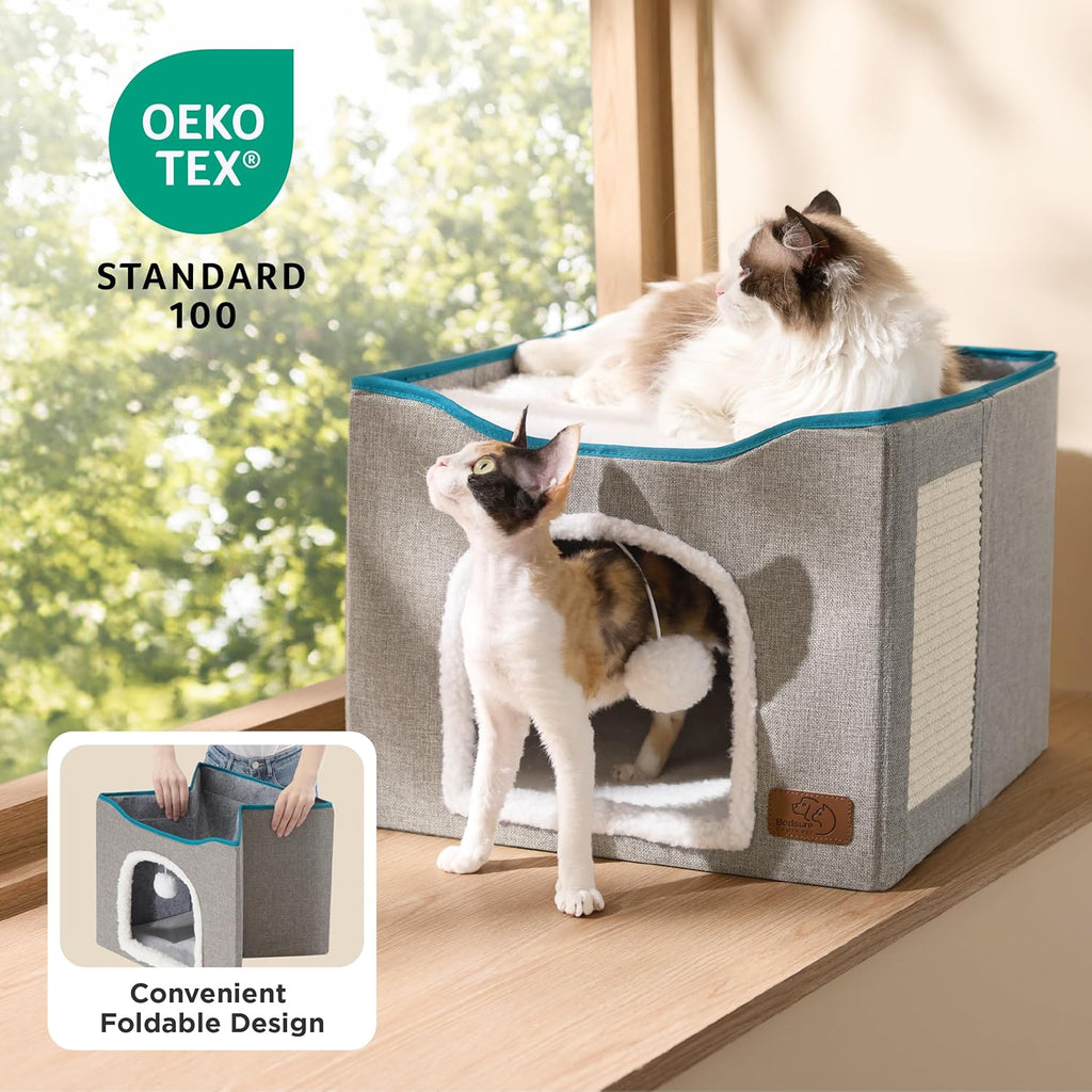 Cat House Bed for Indoor Cats with Fluffy Ball and Scratch Pad, Grey