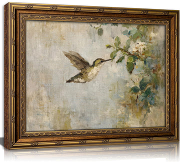 Vintage Gold Framed Hummingbird Wall Art, Neutral Oil Painting Style Floral Wall Decor, Retro Birds Botanical Picture