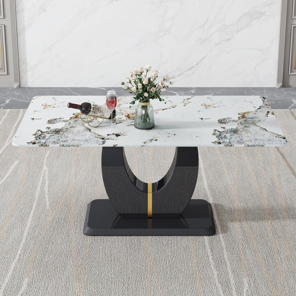 Inspired Saarinen Style 71-Inch White Faux Marble Dining Table with Black Pedestal Base
