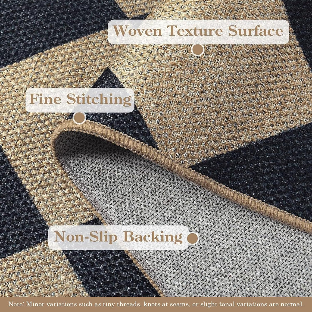 Checkered Easy Jute 5x7 Outdoor Rug, Black Washable Rugs 5x7 Neutral Indoor Outdoor Carpet, Non Slip Stain Resistant