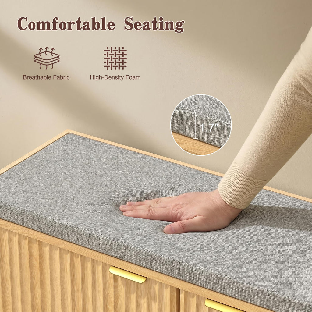 2-Tier Fluted Shoe Storage Bench with Adjustable Shelves and Cushion, Oak丨Entryway Shoe Bench Hidden Shoe Cabinet
