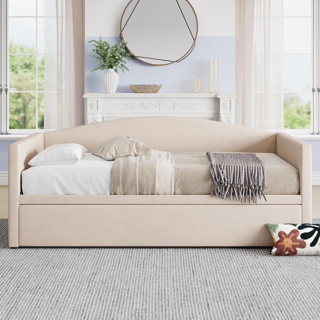 Twin-to-King Velvet Daybed with Extended Pop-Up Trundle, Beige | Space-Saving Upholstered Sofa Bed for Guest Rooms;