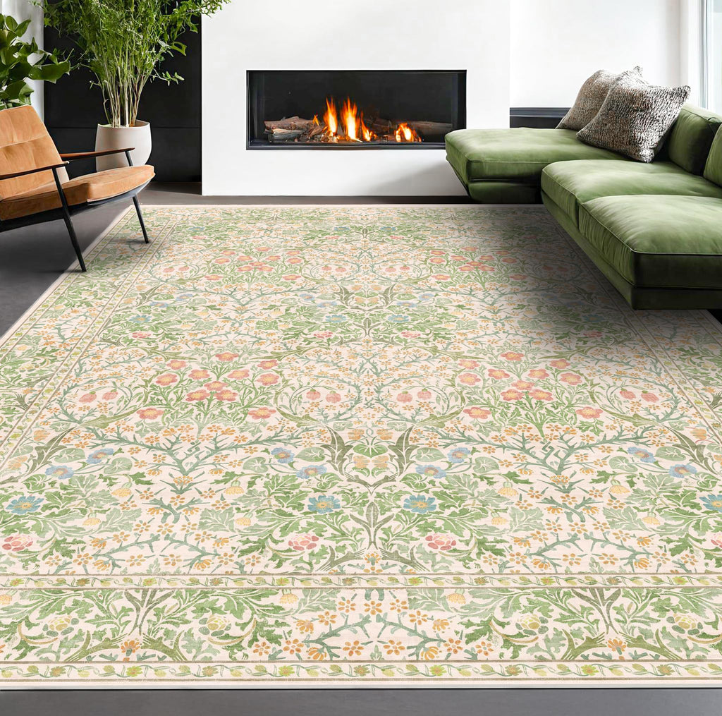 Vintage Washable Beige Green 10x14 Rug - Extra Large Area Rug Under Table, Soft Low Pile Carpet - Victorian Forest