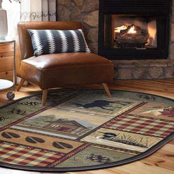 Homespun Cabin Multi-Color Oval Area Rug - Bedroom or DiningRoom - Lodge, Novelty