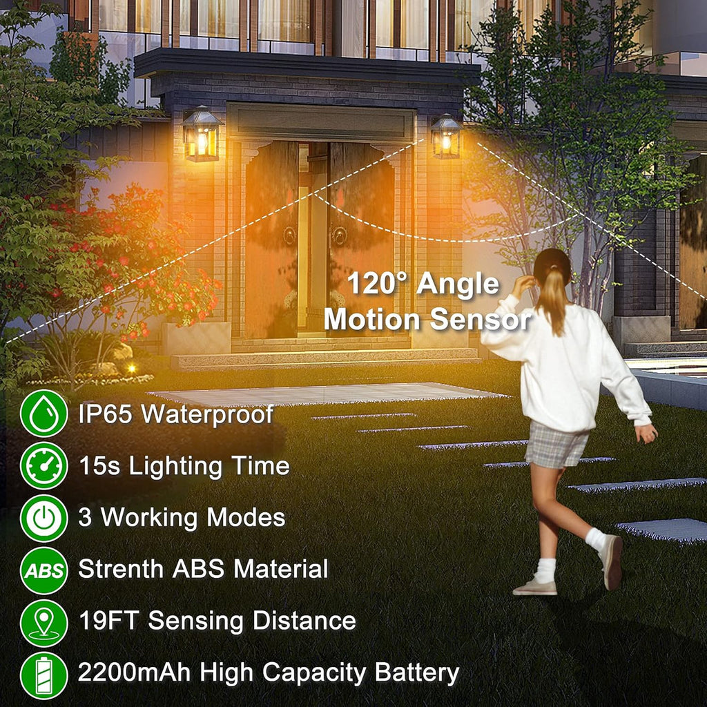 2 Pack Solar Wall Lanterns Outdoor with 3 Modes, Dusk to Dawn Motion Sensor LED Sconce Lights IP65 Waterproof