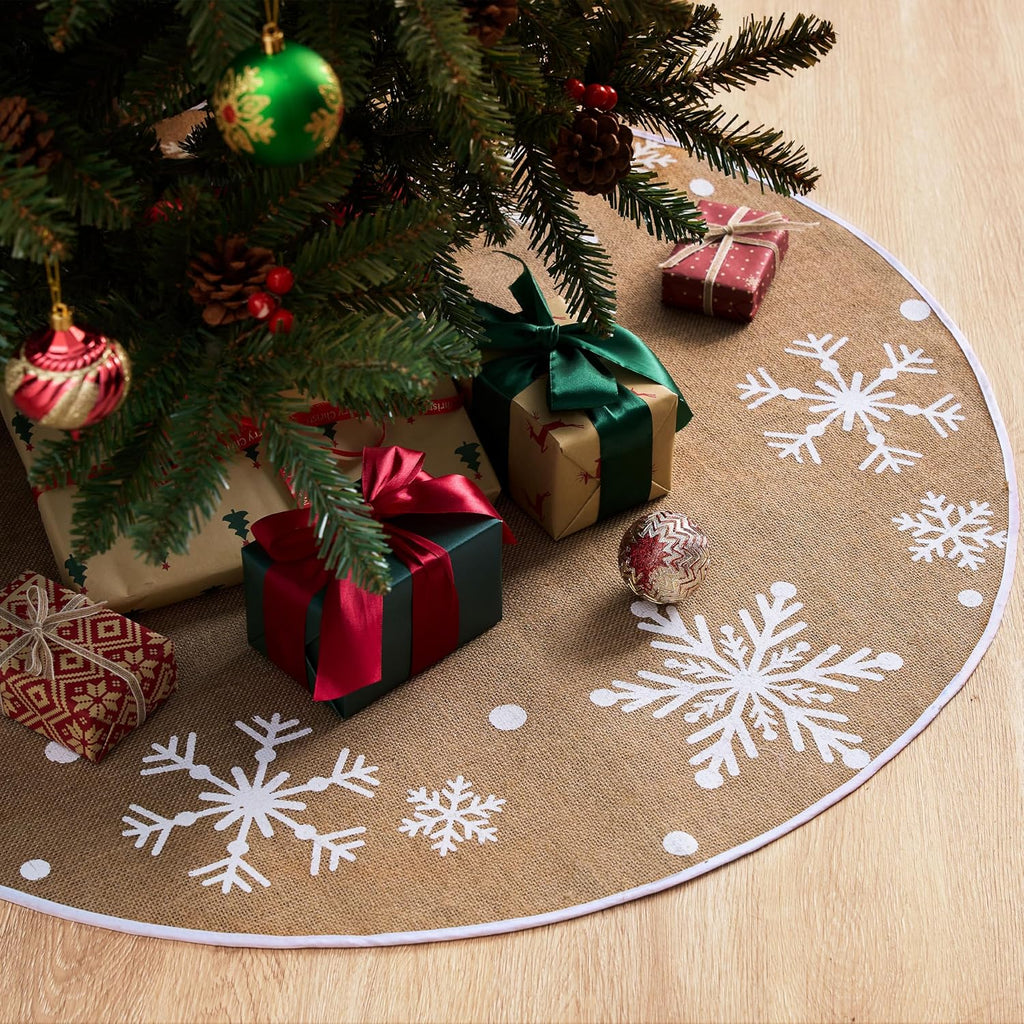 36" Christmas Burlap Tree Skirt with Snowflakes, Decoration for Xmas Home Holiday Indoor Outdoor Seasonal Decors