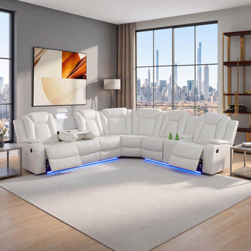 Power Reclining Sectional Sofa, L‐Shape Faux Leather Recliner Couch with LED Ambient Light, Cup Holders, USB Charging
