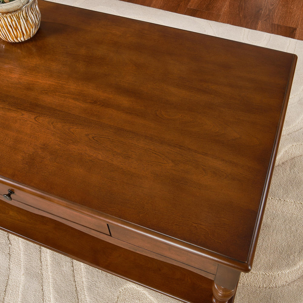 Rectangular Coffee Table with 2 Storage Drawers, Mid-century Solid Wood Living Room Table with Carved Leg, Elegant
