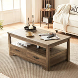 Farmhouse Coffee Table with Storage, Wood Coffee Table, Open Display Area and Storage Drawers with Metal Handles