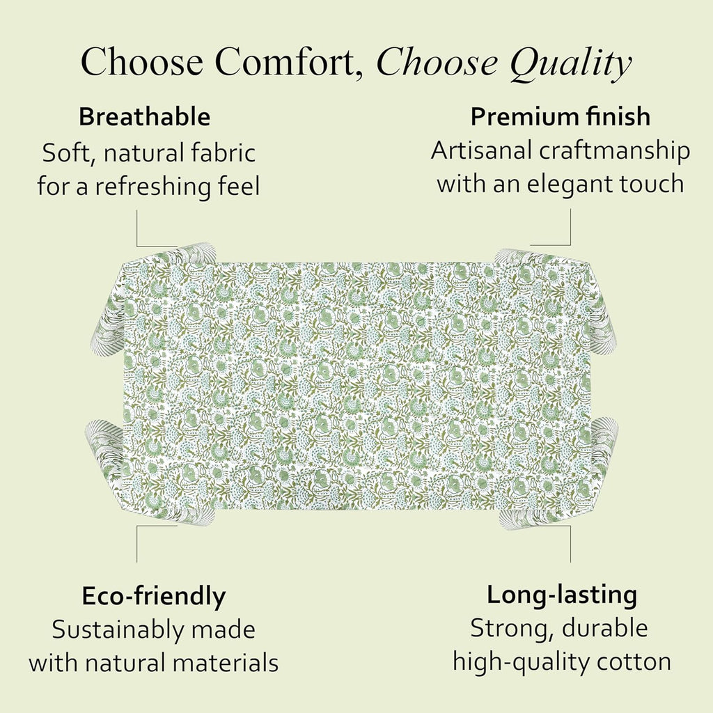 CPC Block Print Tablecloth Agate Green 90"x60" Rectangular 100% Cotton Reusable Table Cover, Everyda