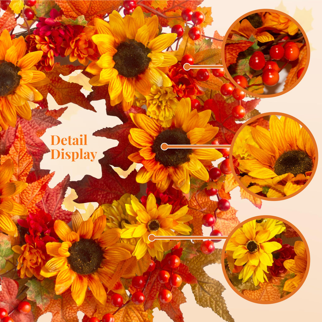 20" Sunflower Fall Wreath for Front Door Outside with Maple Leaves & Berry